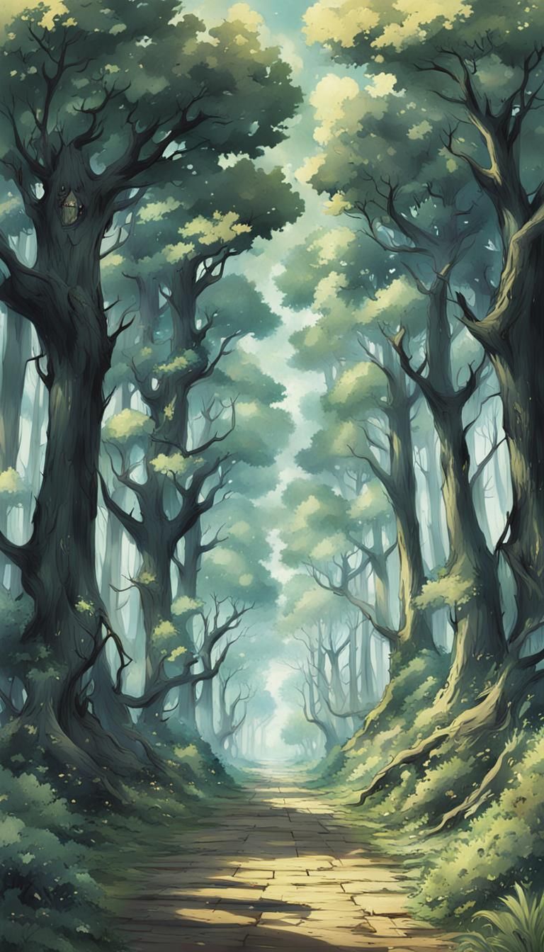 Dark Forest with Humanoid Trees in Anime Style