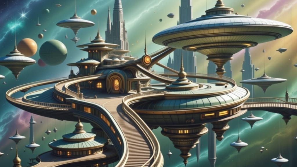 A futuristic city with flying vehicles and architectural designs is depicted.