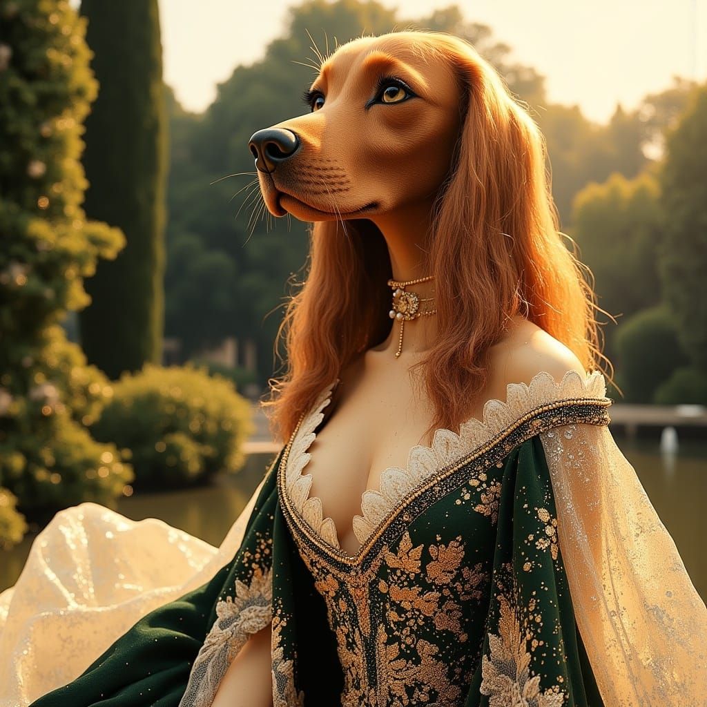 Elegant Irish Setter in Haute Couture Versailles Garden