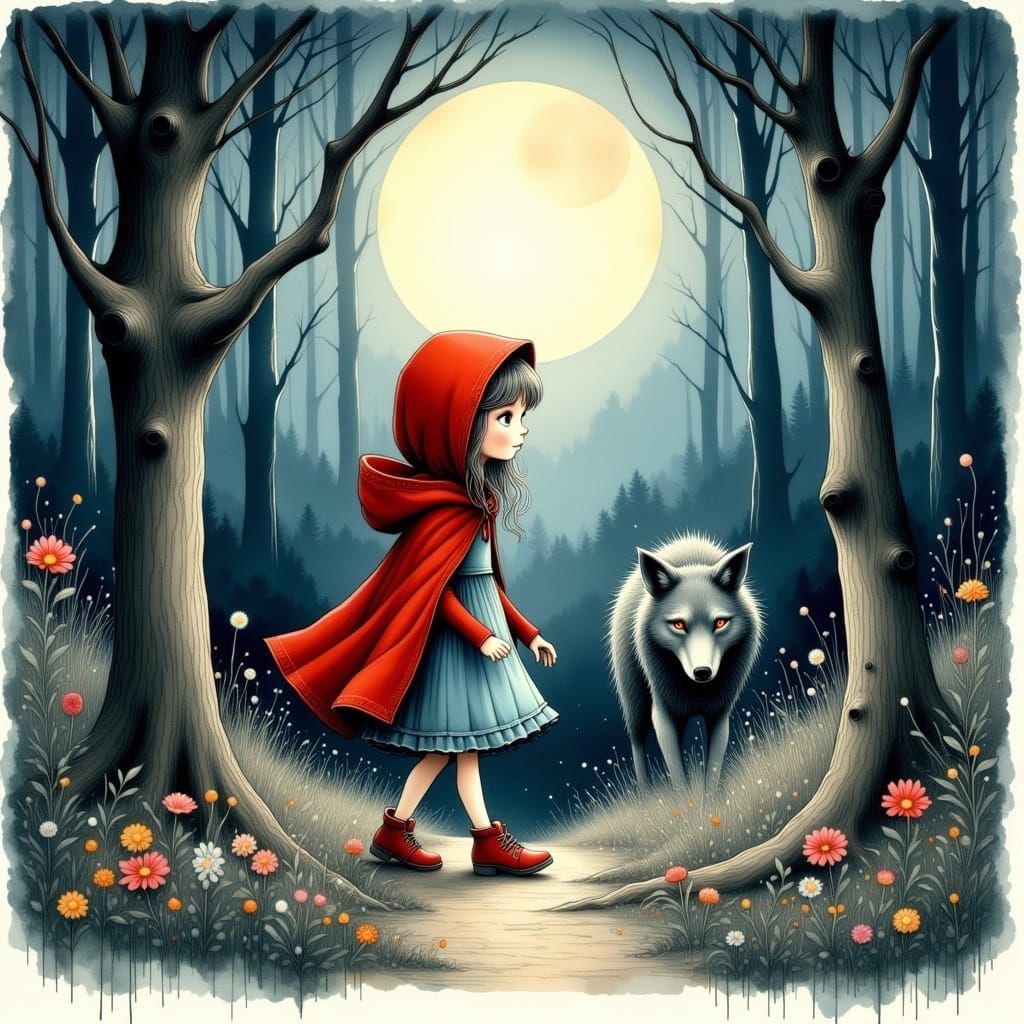 Little Red Riding Hood in Misty Forest Illustration