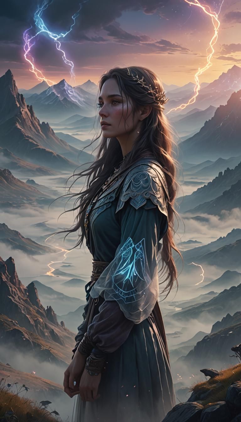 Woman Embracing Fate in Mystical Realm