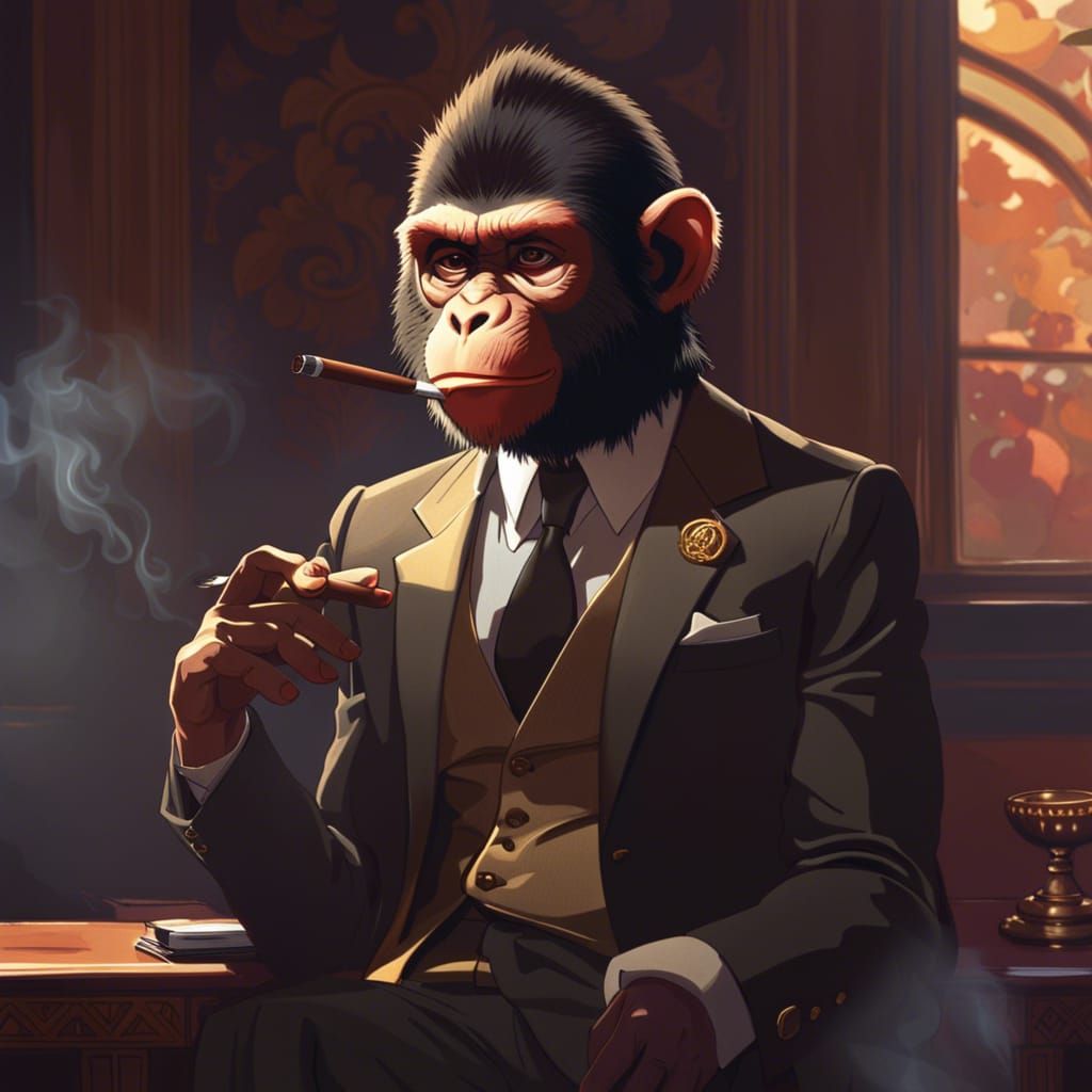 Monkey in Suit Smoking Cigar, Anime Style