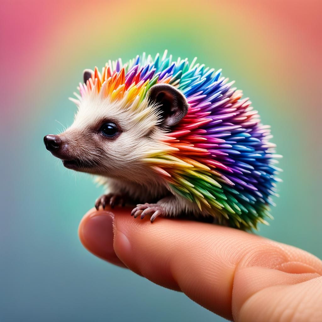 Rainbow Hedgehog on Fingertip: Hyperrealistic Digital Art