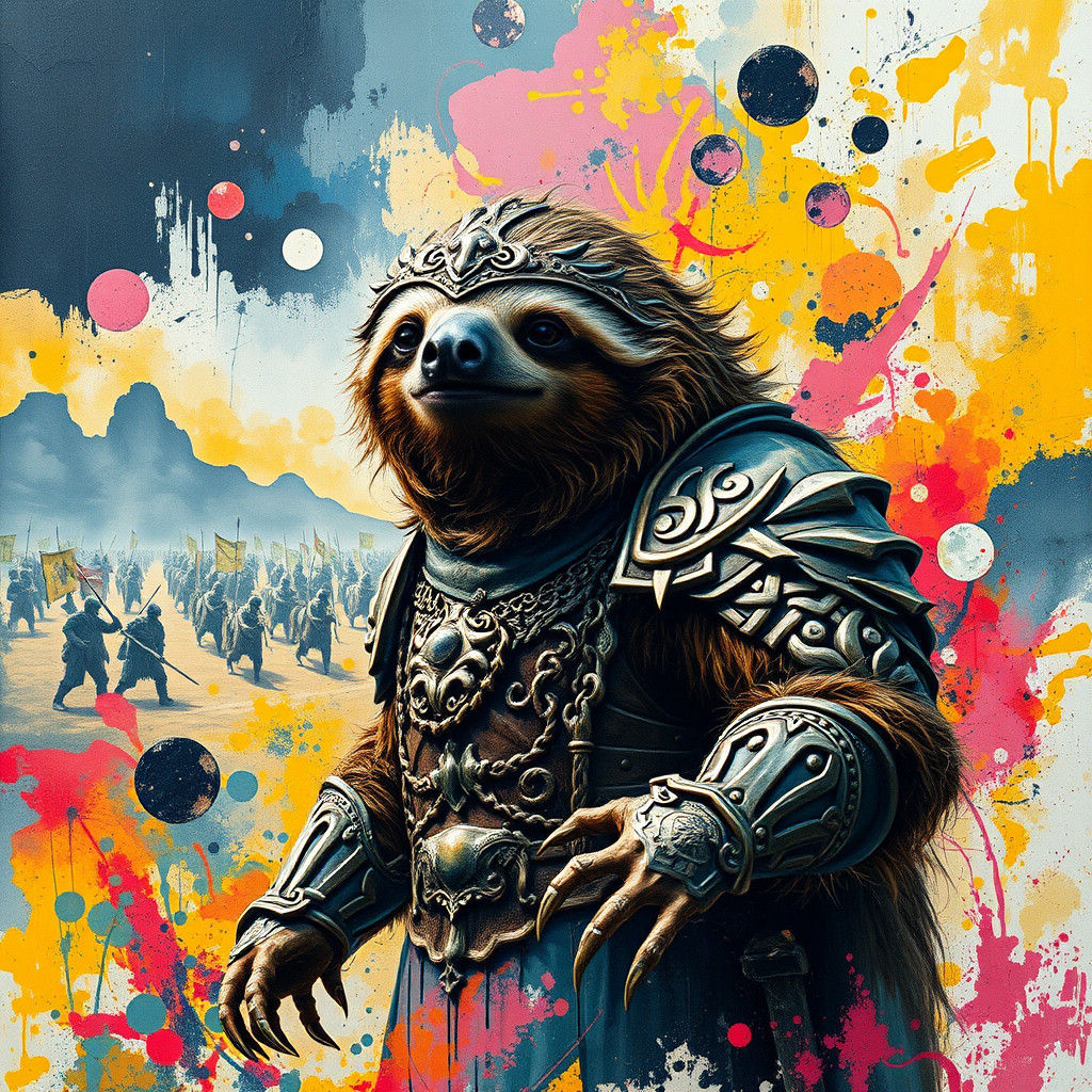 Sloth Warrior in Fluorescent Impasto Heavy Metal Style
