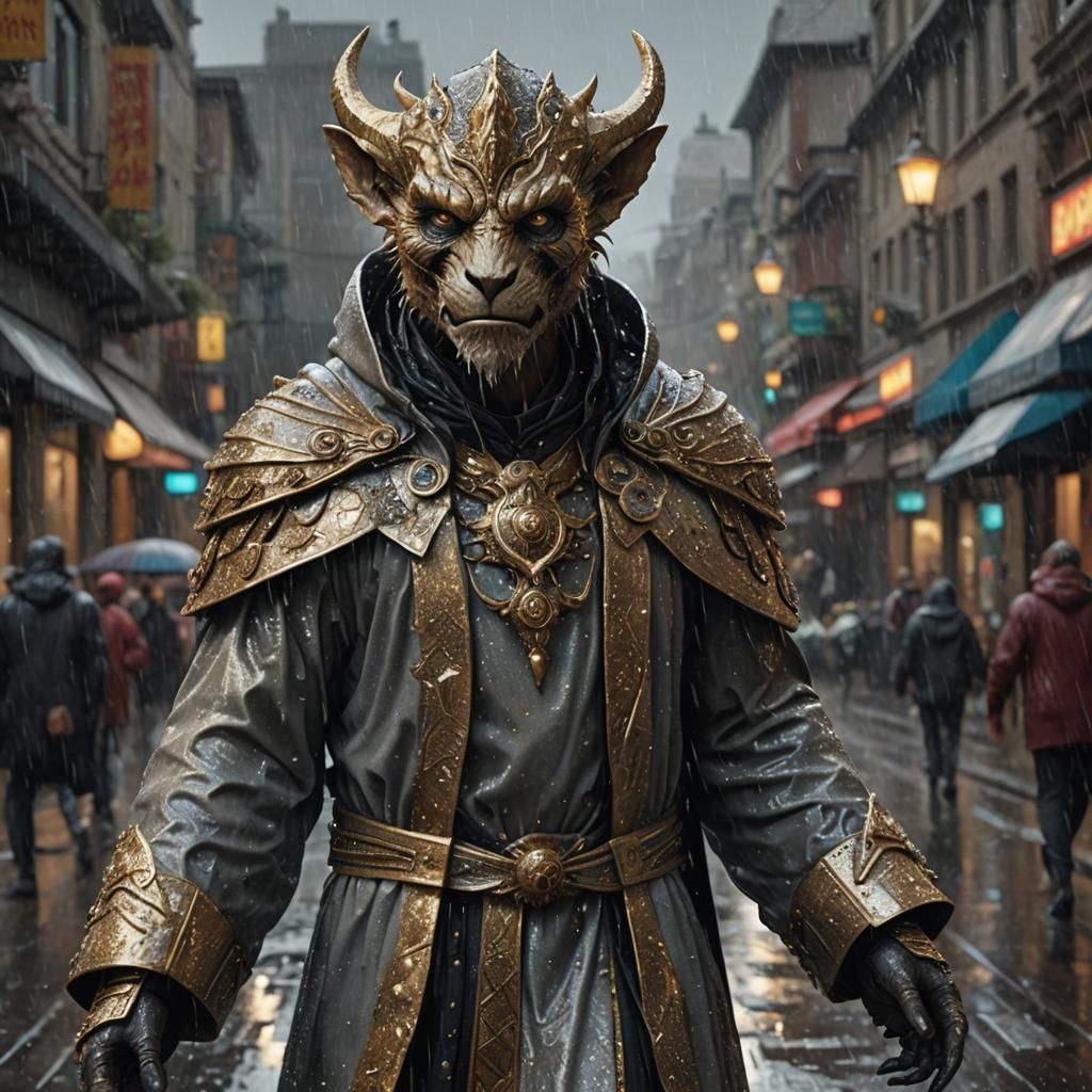 Detailed Anthropomorphic Targaryen in Rain, Cinematic Lighti...