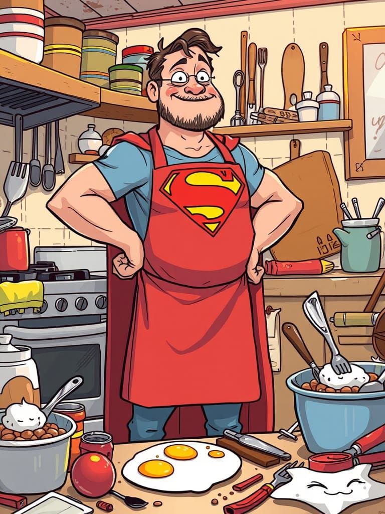 Confident Dad Cooks Breakfast in Cartoon Style