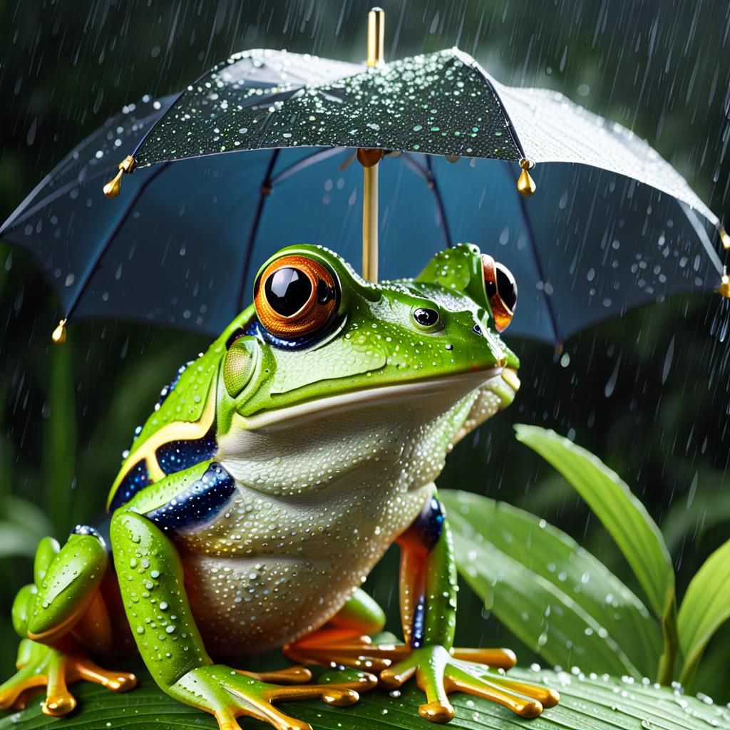 Photorealistic Frog with Leaf Umbrella in Rain
