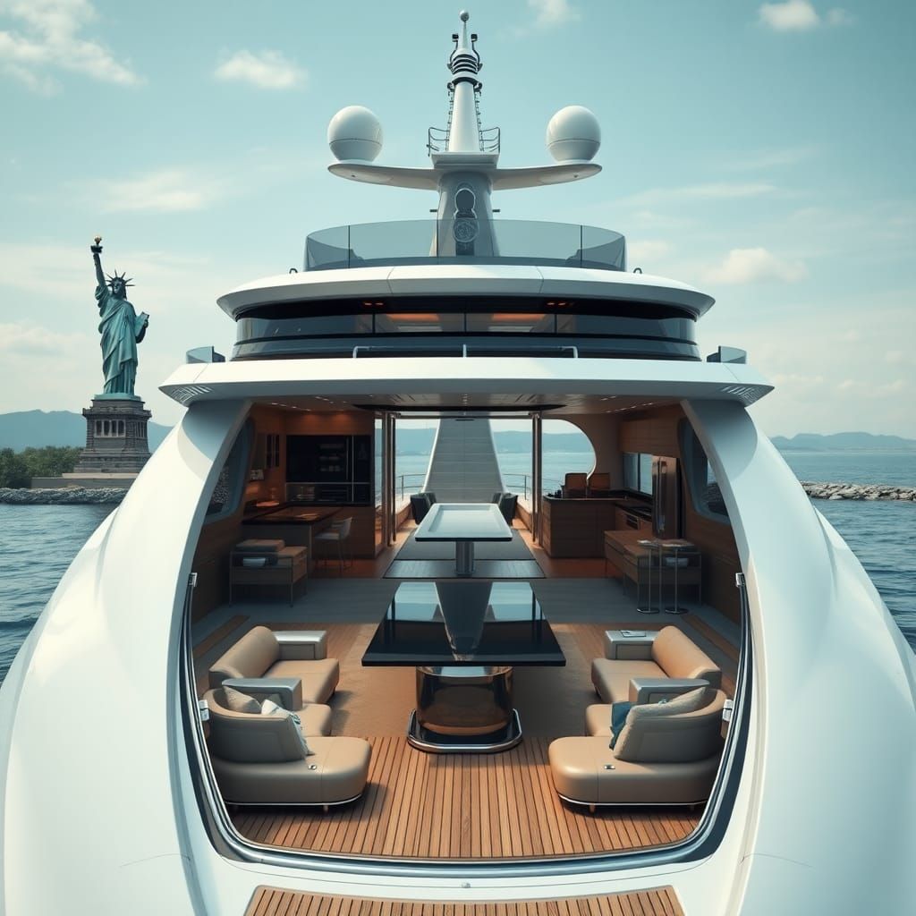 Luxury Yacht Concept Art near Statue of Liberty