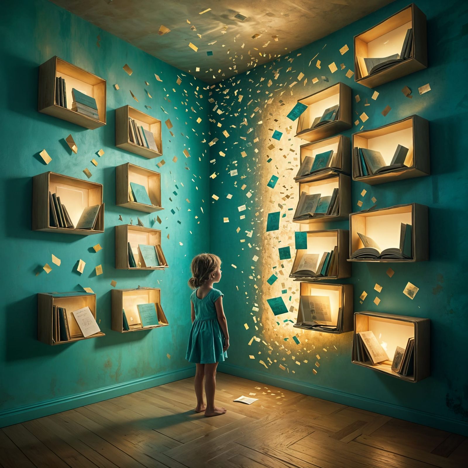 Dreamy Surreal Scene of Child Before Glowing Memory Walls