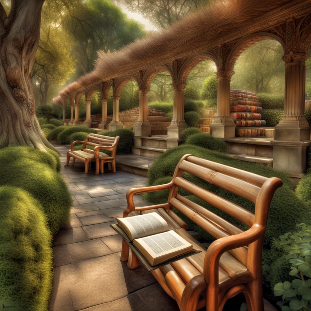 Oversized Book Garden with Readers in Hyperrealism