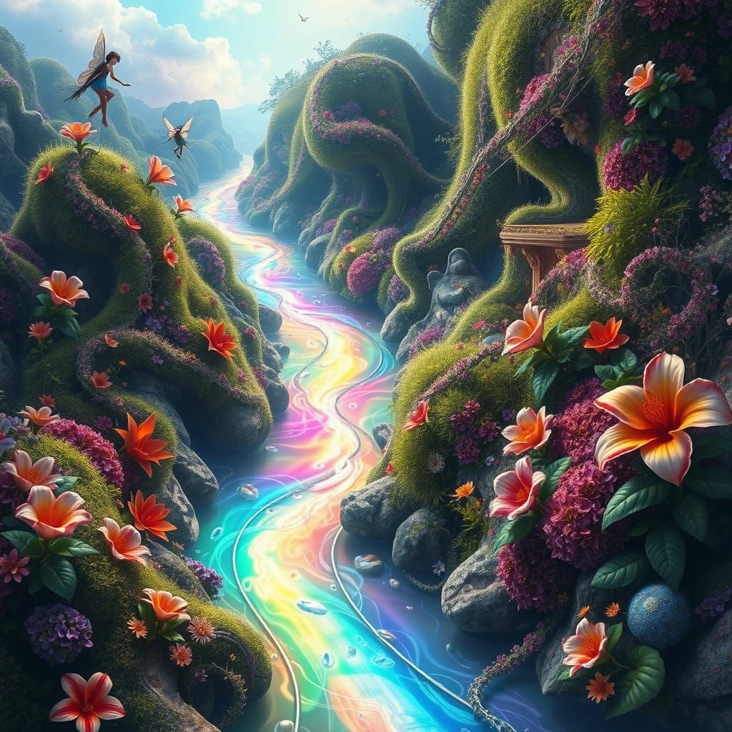 Enchanted Rainbow River in Vibrant, Dreamlike Landscape