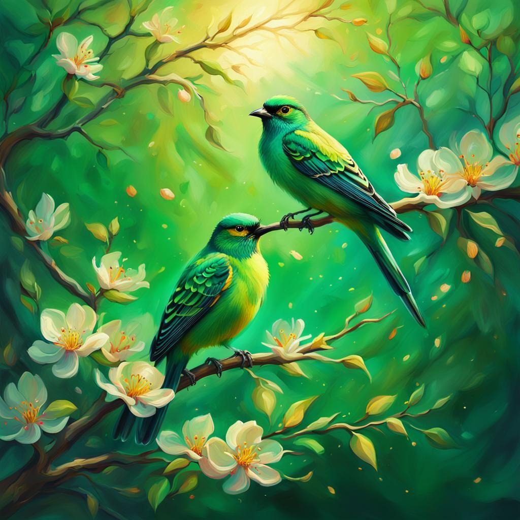 Fantastical Birds Perched in Vibrant Blooming Tree