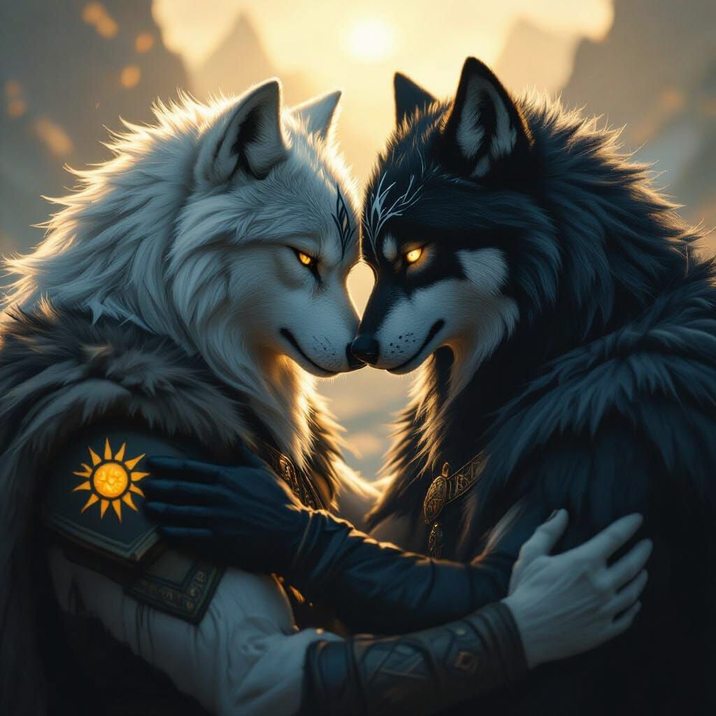 Mythic Wolf Brothers Skold and Hati: A Tender Embrace
