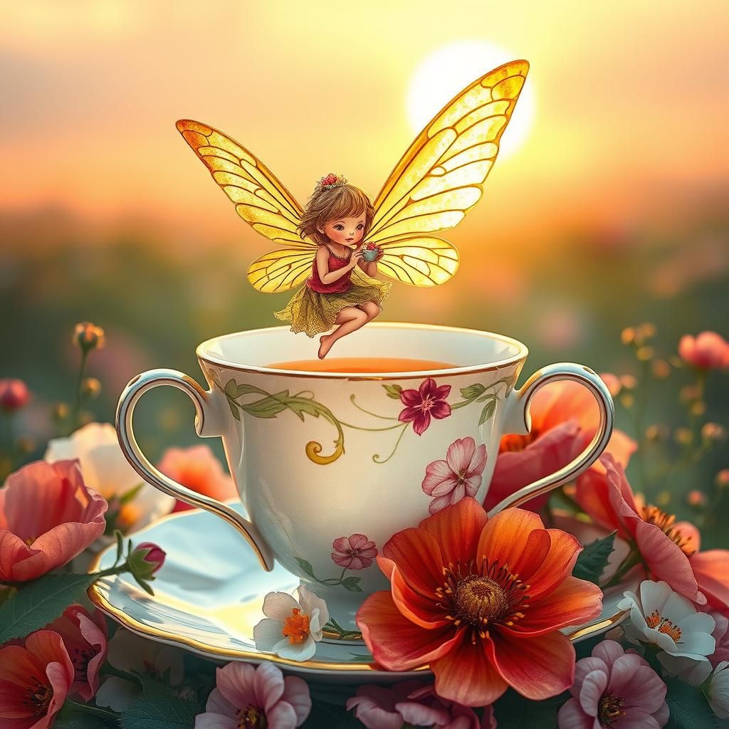 Floral Fairy in Teacup, Dreamy Ethereal Art