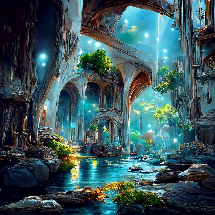 Luminous Underwater Temple Ruins in Fantasy Art Style