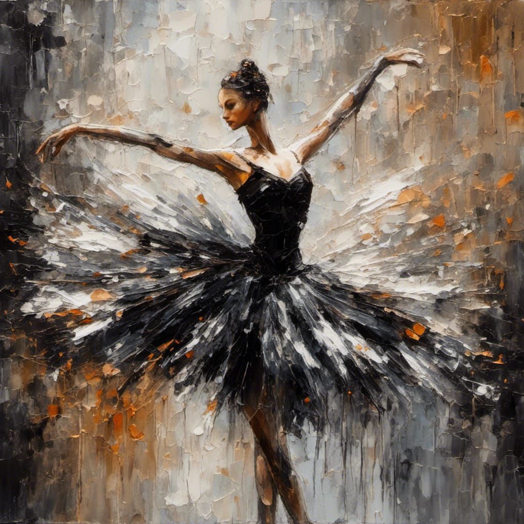 Ballerina Dancing Black Swan as Impasto Painting