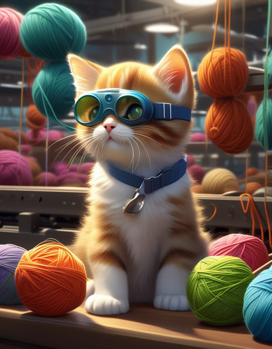 Kitten Inspector on Yarn Factory Assembly Line