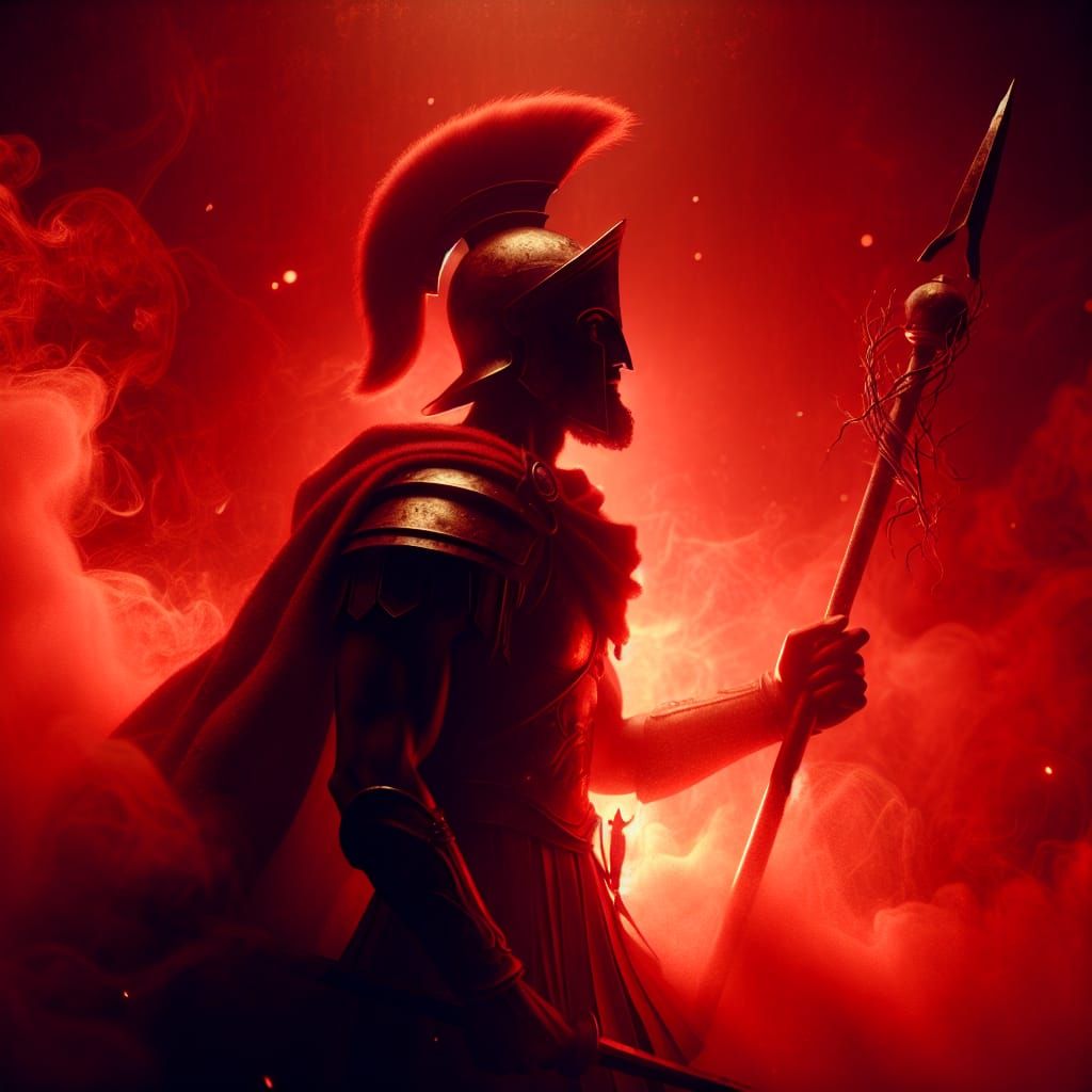 Monochrome Fire-Red Greek Warrior in Cinematic Lighting
