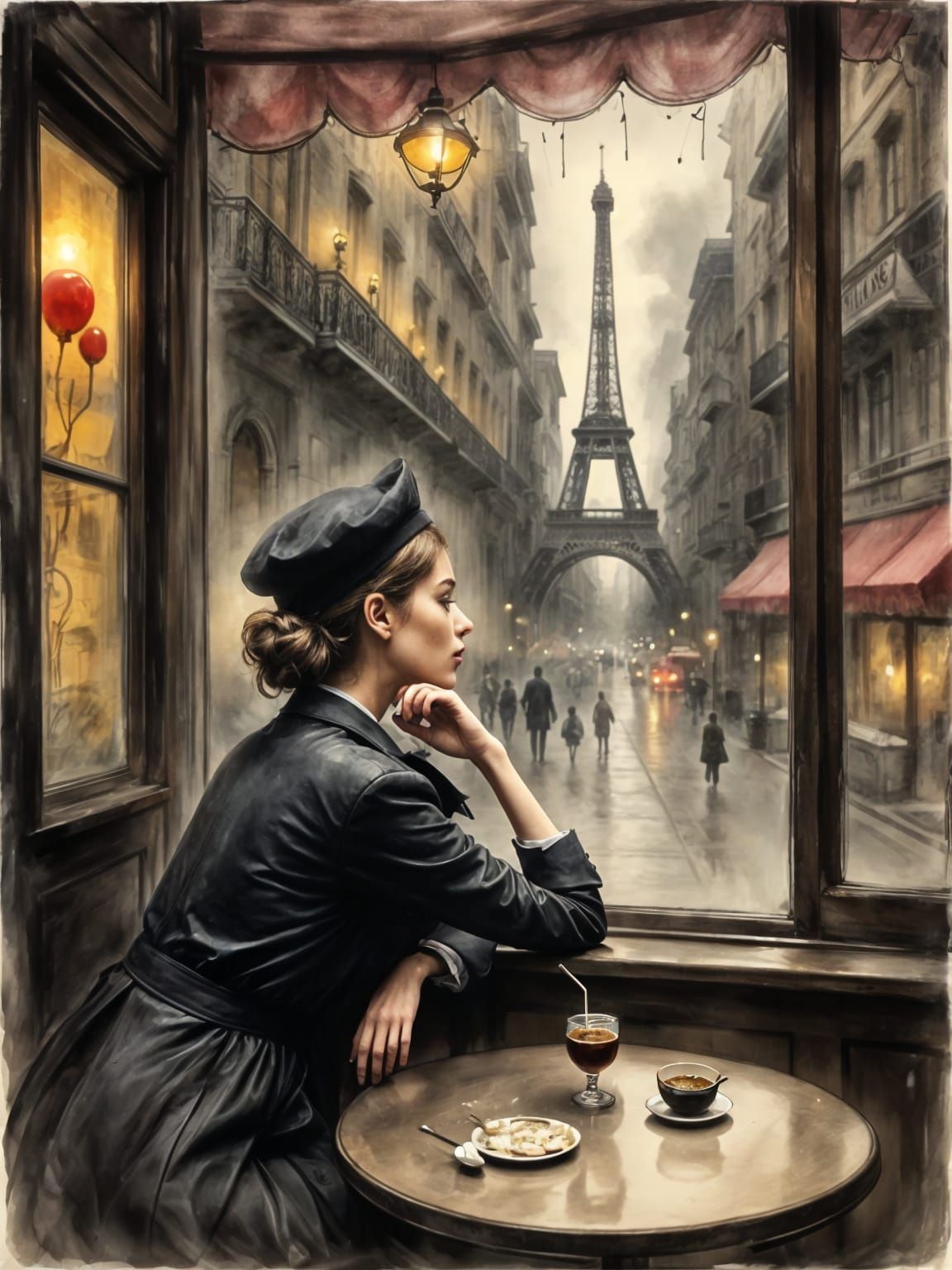 Rainy Paris Cafe Scene with Eiffel Tower