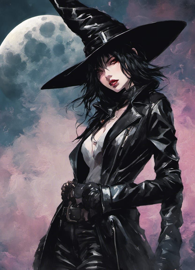 Modern Witch with Mischievous Grin in Dark Fantasy Style