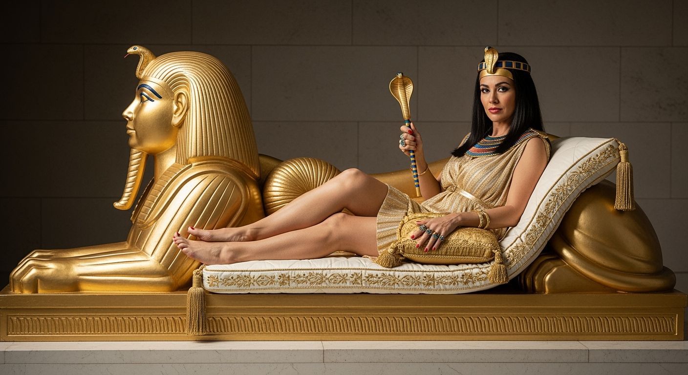 Egyptian Queen Lounging on Gold Sphinx Chaise Longue
