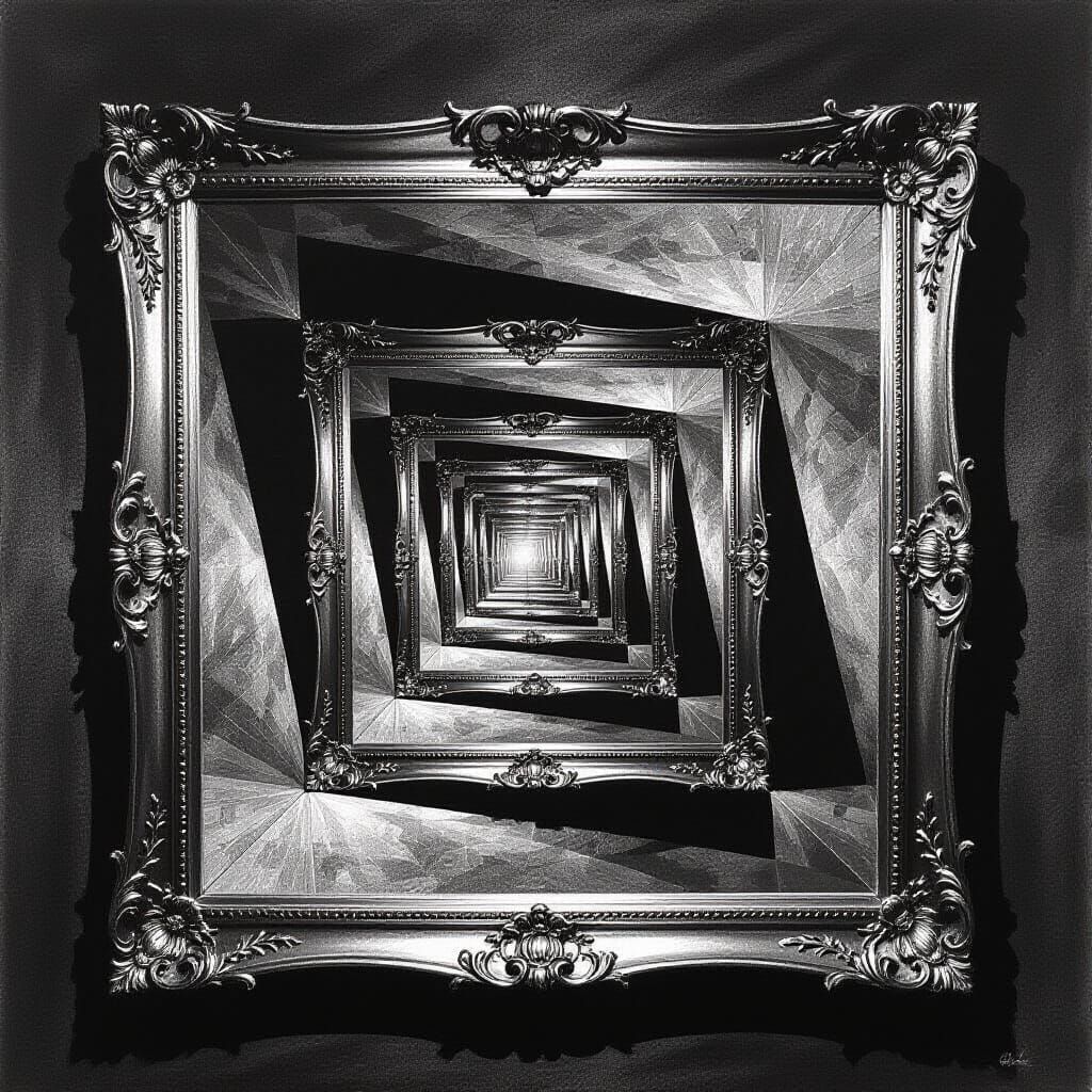 Infinite Mirrors Reflected in Detailed Charcoal Drawing
