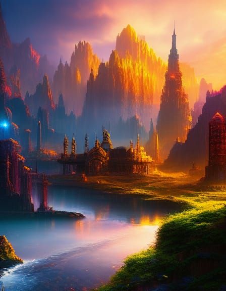 Alien City Reflects Nebulae in Sci-Fi Landscape