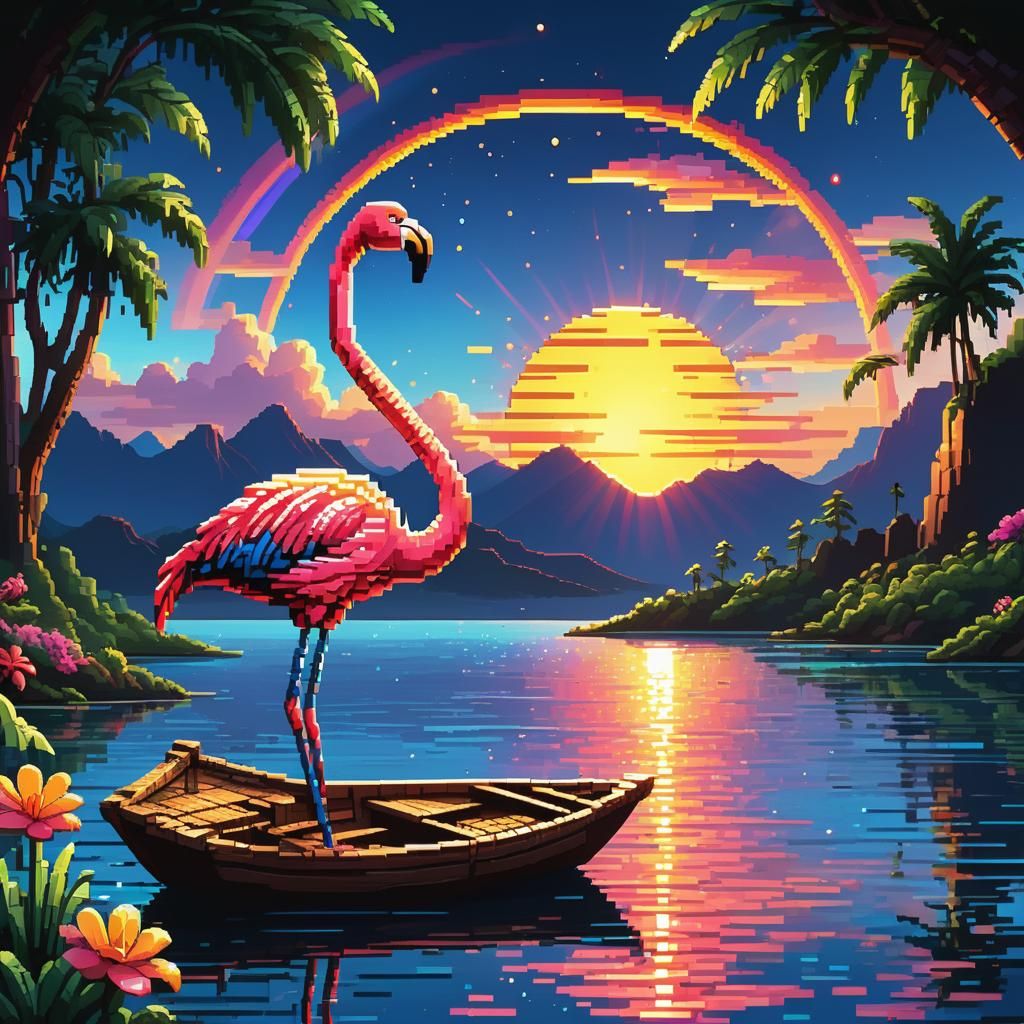 Neon Flamingo on Boat at Sunset in Pixel Art