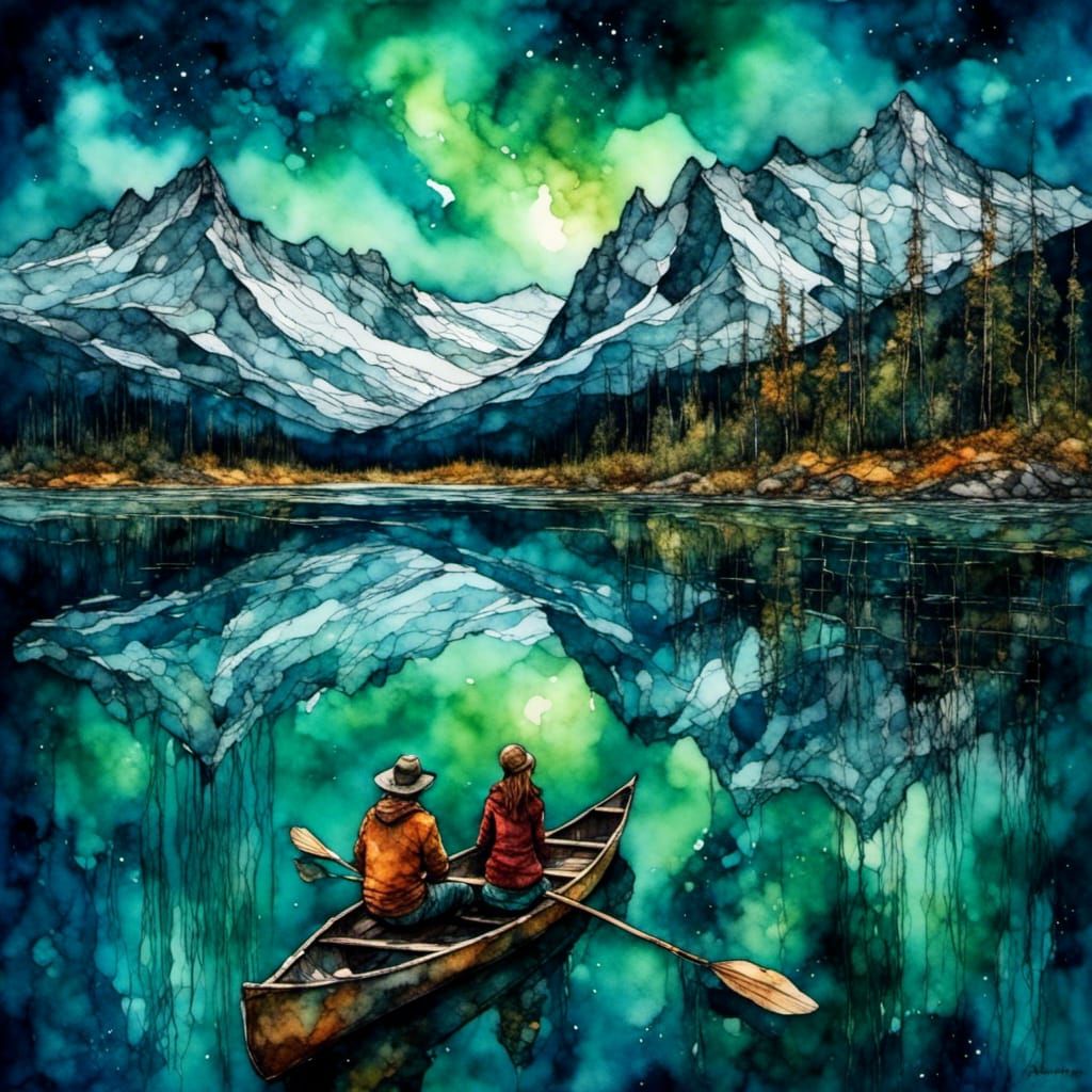 Couple Admire Northern Lights from Canoe