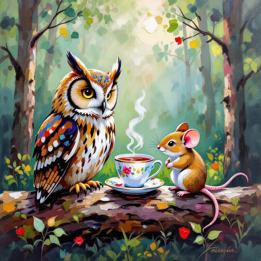 Owl and Mouse Enjoy Tea in Woods, Watercolor Style