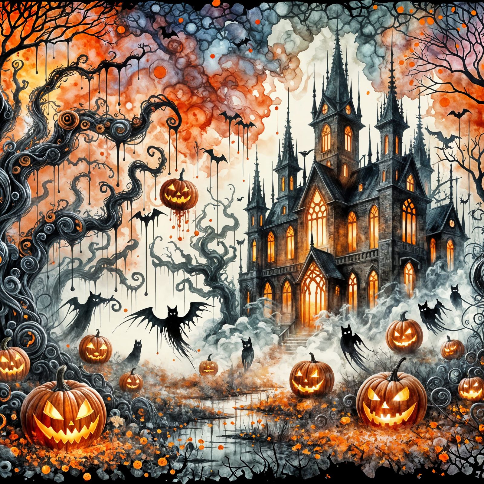 Eerie Gothic Mansion in Halloween Watercolor Scene