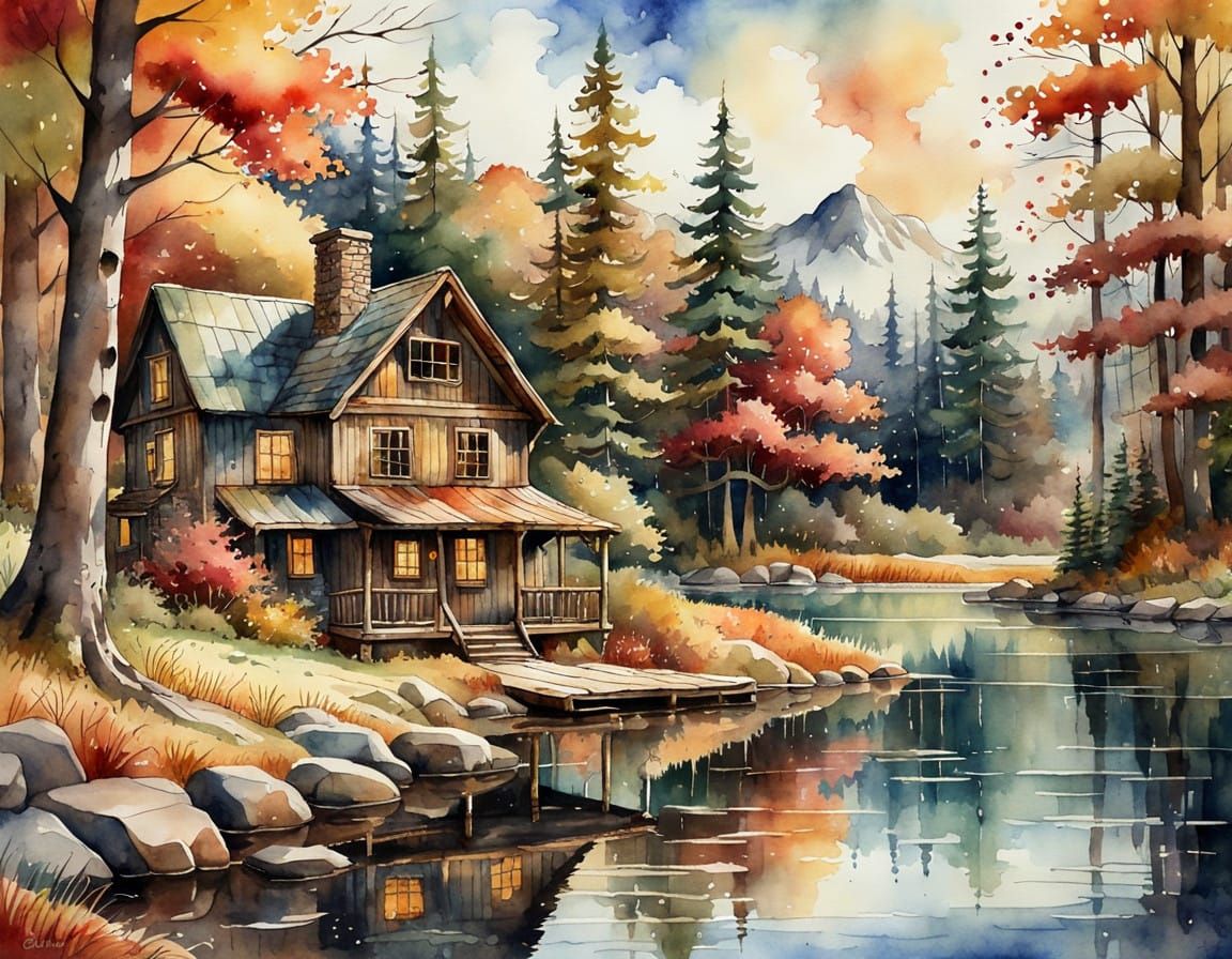 Watercolor Cabin in Autumn Woods