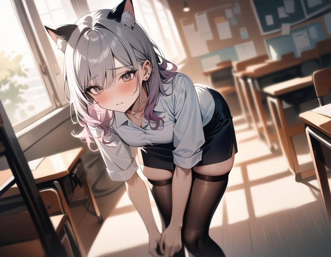 Surreal Catgirl Teacher in Hyperrealistic 35mm Photograph