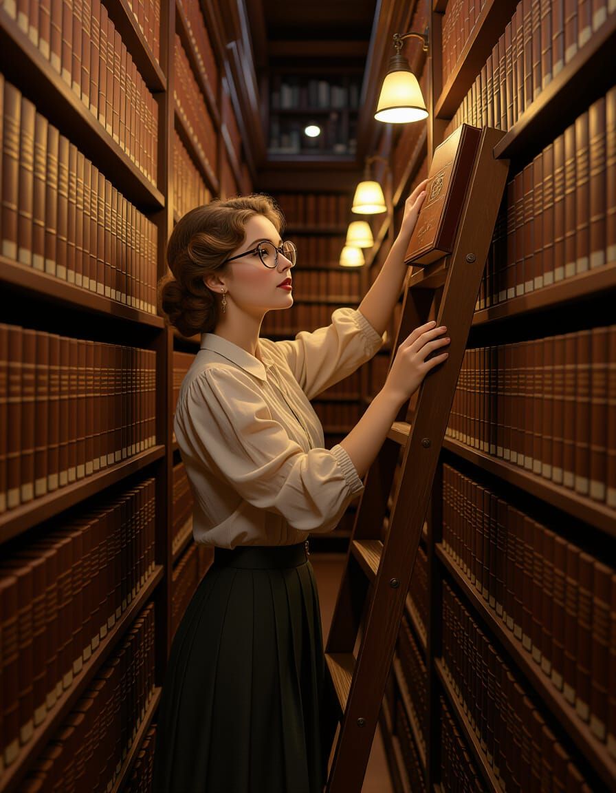 Librarian Reaching for Book in Quiet Library