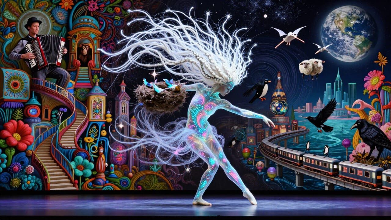 Dancer Transforms with White Hair Cascade in Psychedelic Gli...