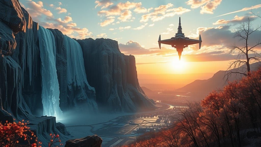 Alien Waterfall with Futuristic City and Space Station