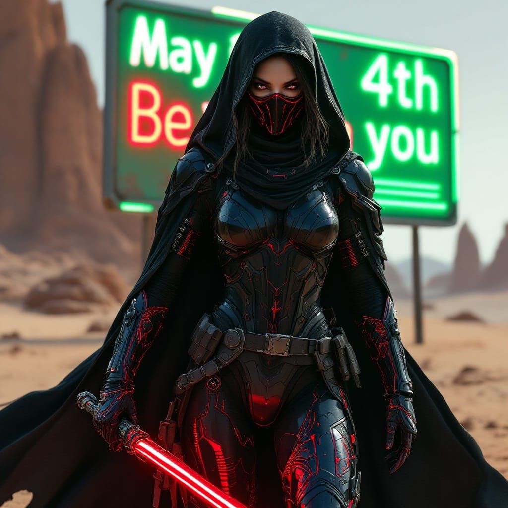 Epic Sci-Fantasy Warrior in Neon Desert Landscape