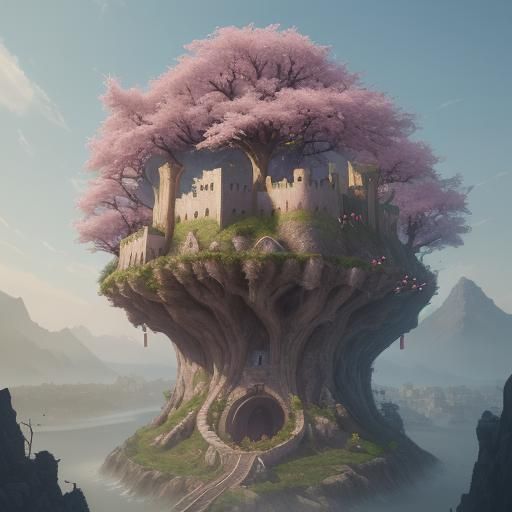 Fortress Nestled by Cherry Tree: Detailed Matte Painting