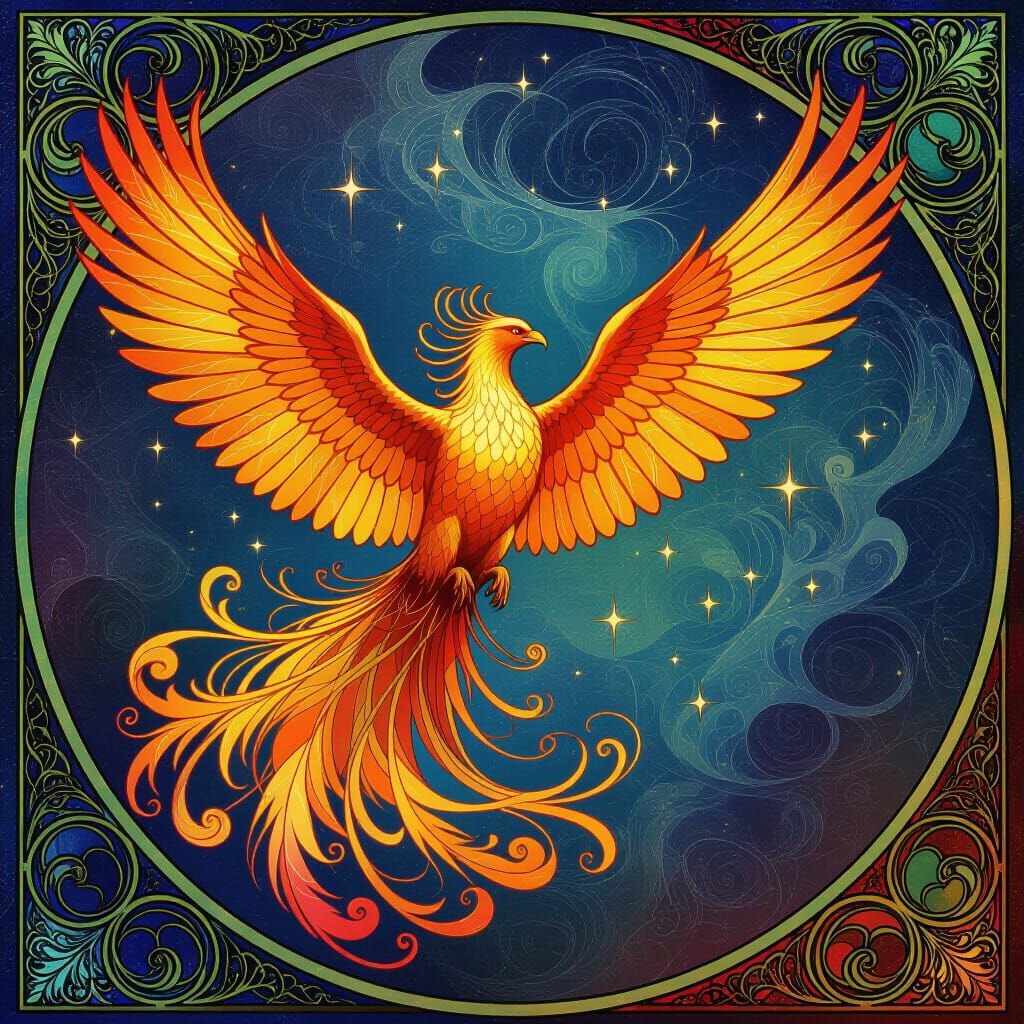 Phoenix Soaring Through Cosmic Nebula in Art Nouveau Style