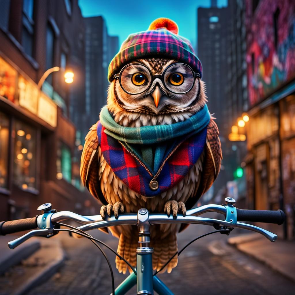 Owl on Bicycle in Urban Setting, Detailed Digital Art