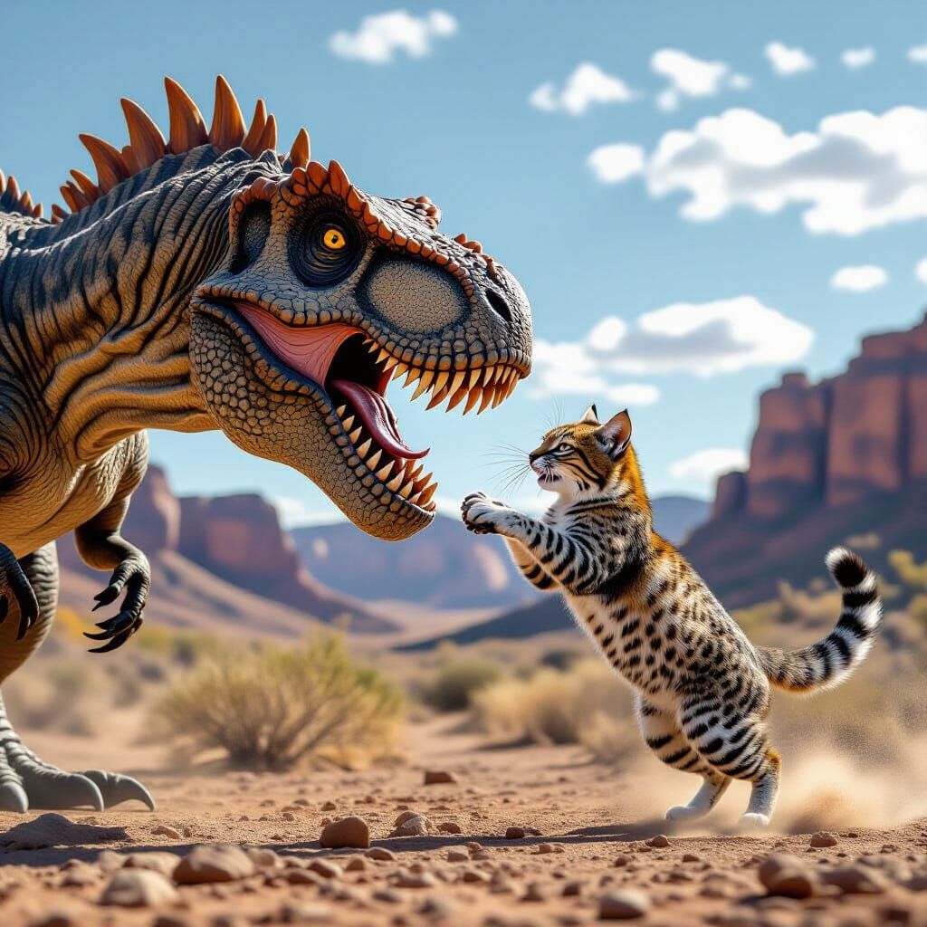 T-Rex vs. Bobcat: Epic Confrontation in Stormy Landscape