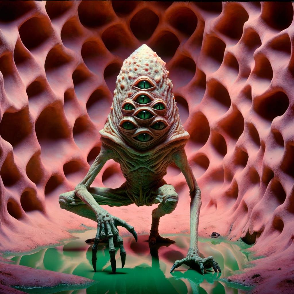 Eerie Creature in Pink Tissue Environment