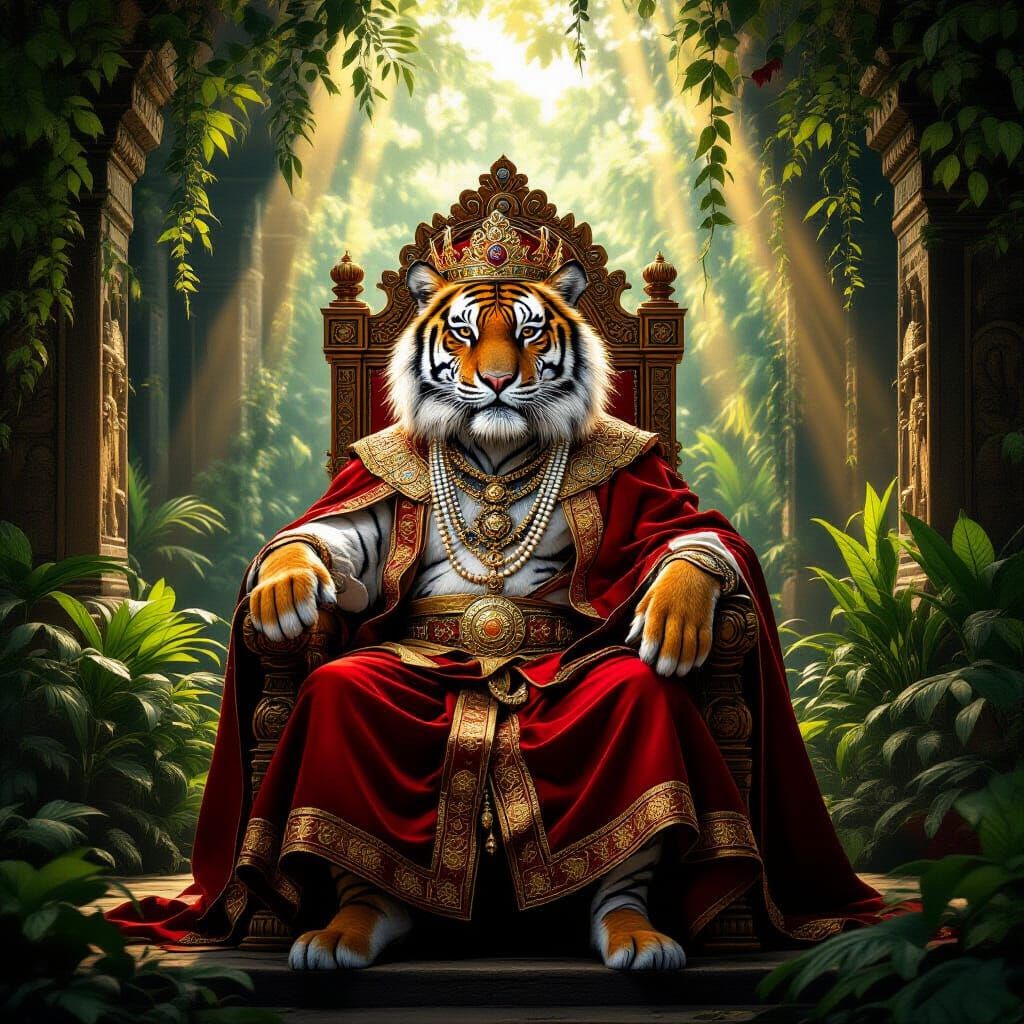 Regal Tiger King on Jungle Throne, Renaissance Style