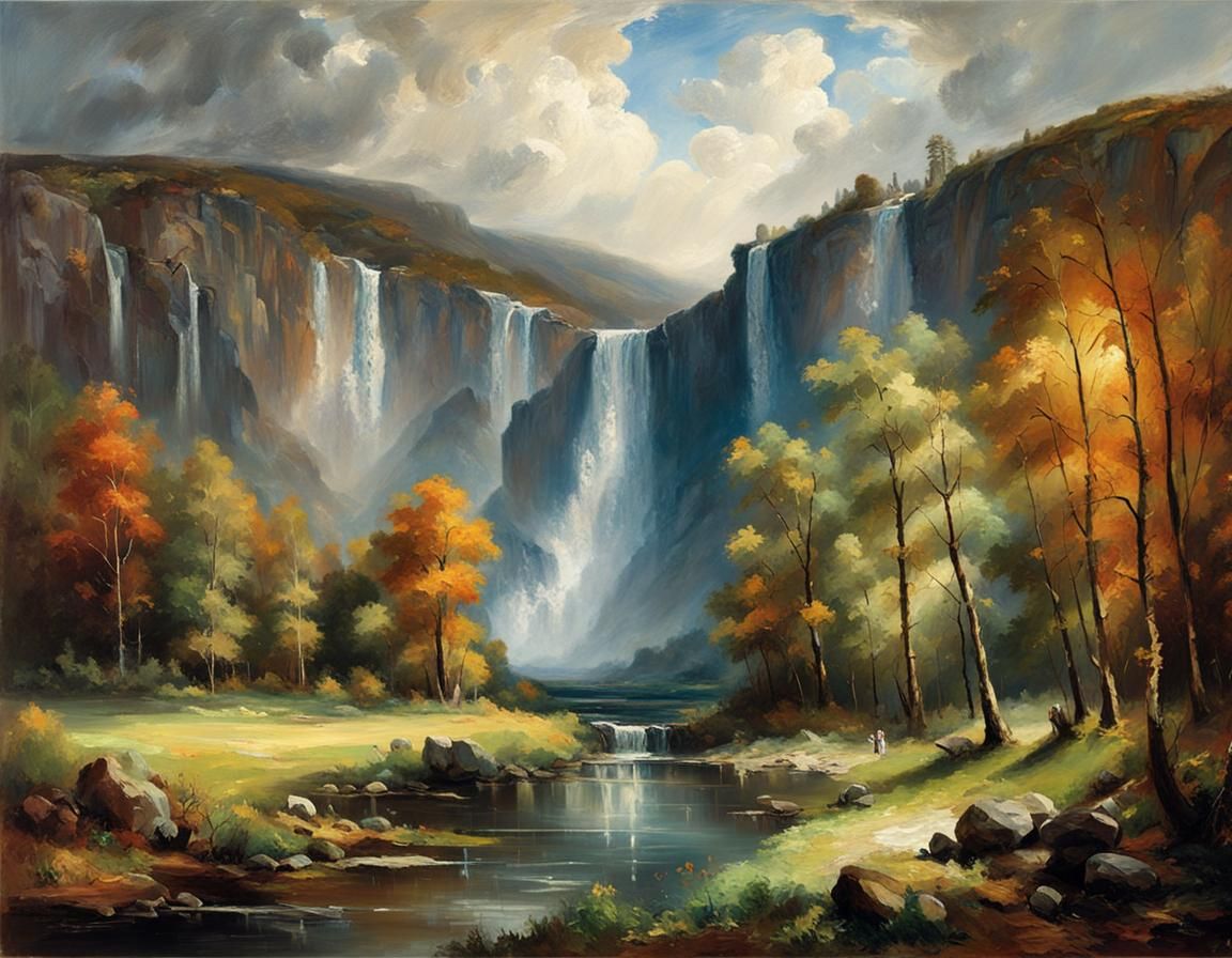 Mystical Waterfalls Landscape in Epic Oil Painting Style