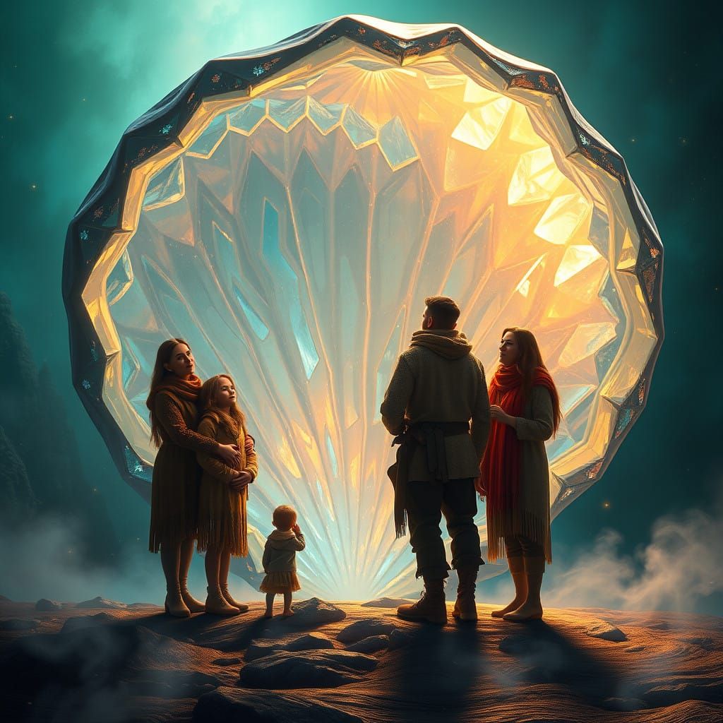 Family Surrounded by Glowing Crystal