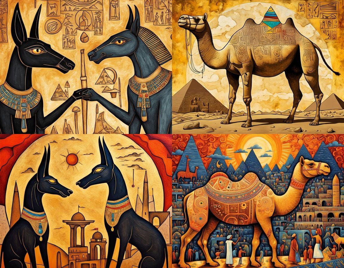 Egyptian Mythical Scene in Mixed Media Collage