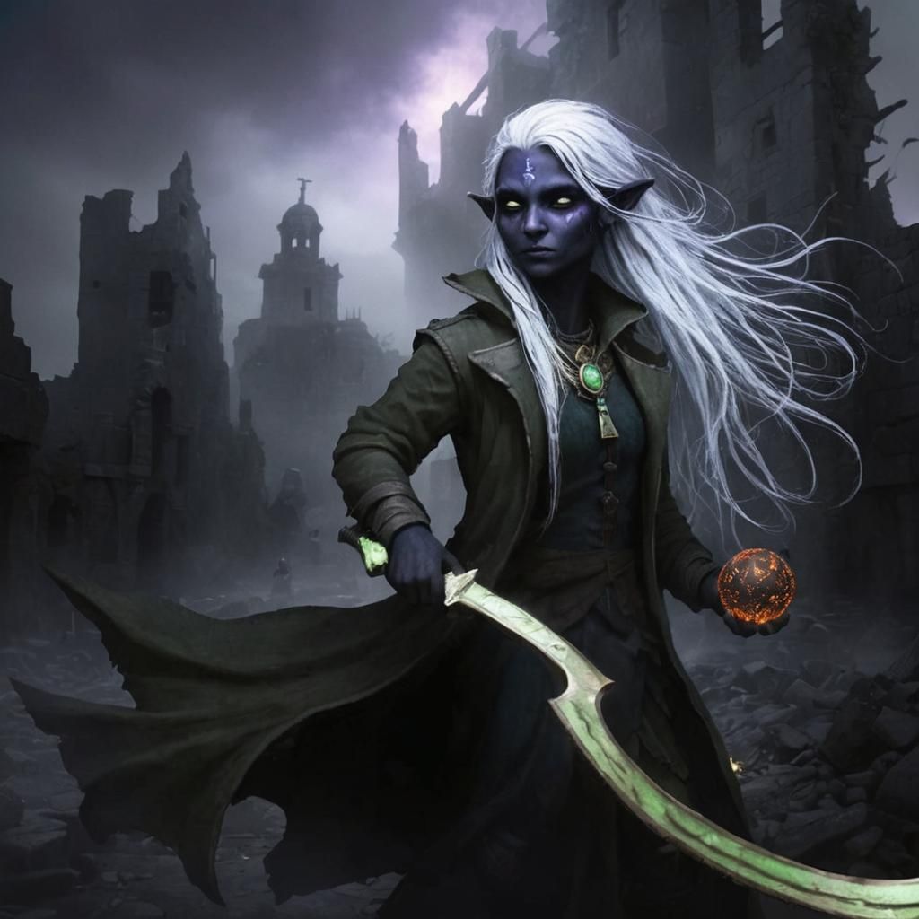 Dark Fantasy Gnome Magic User in Ruined City