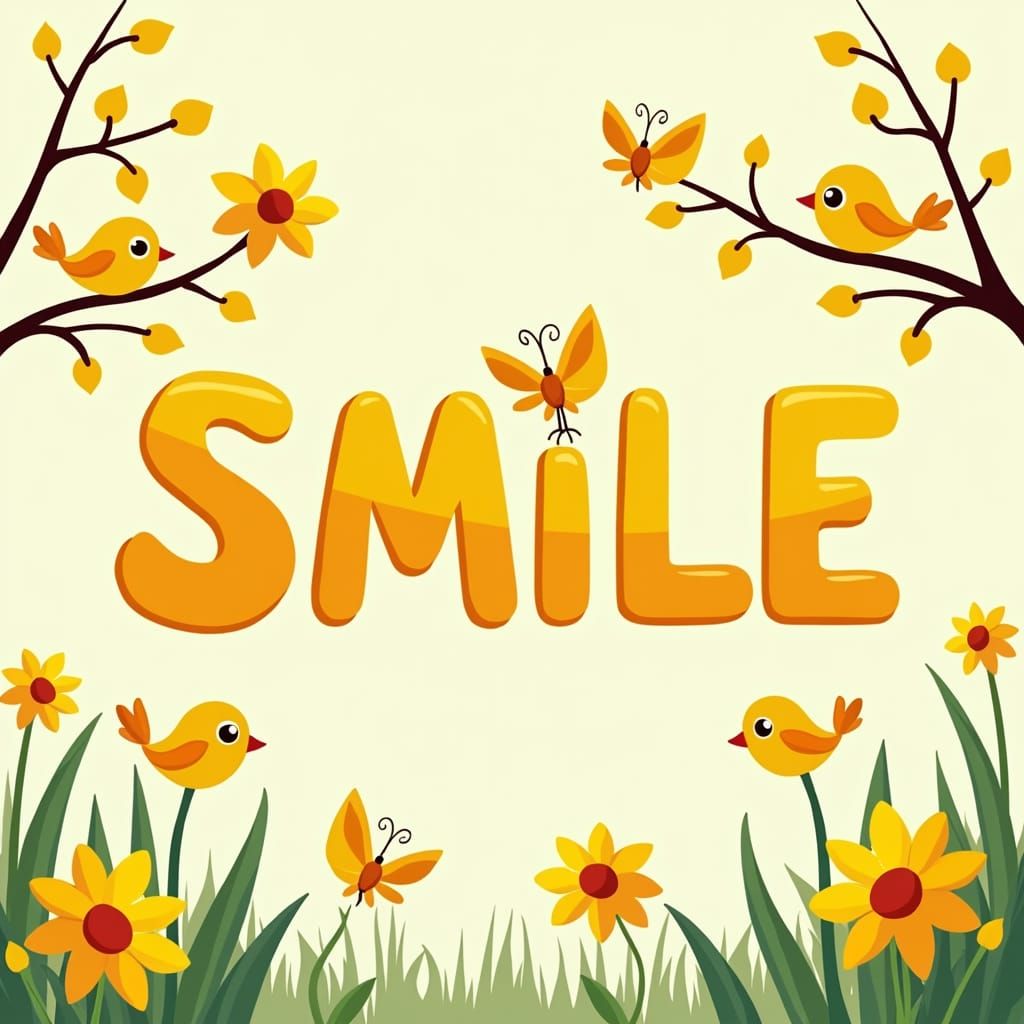 Cartoon 'SMILE' with Birds, Butterflies, and Daffodils