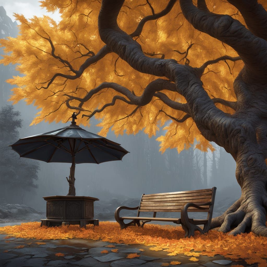 Golden Maple Tree With Traveler Amidst Painterly Rain