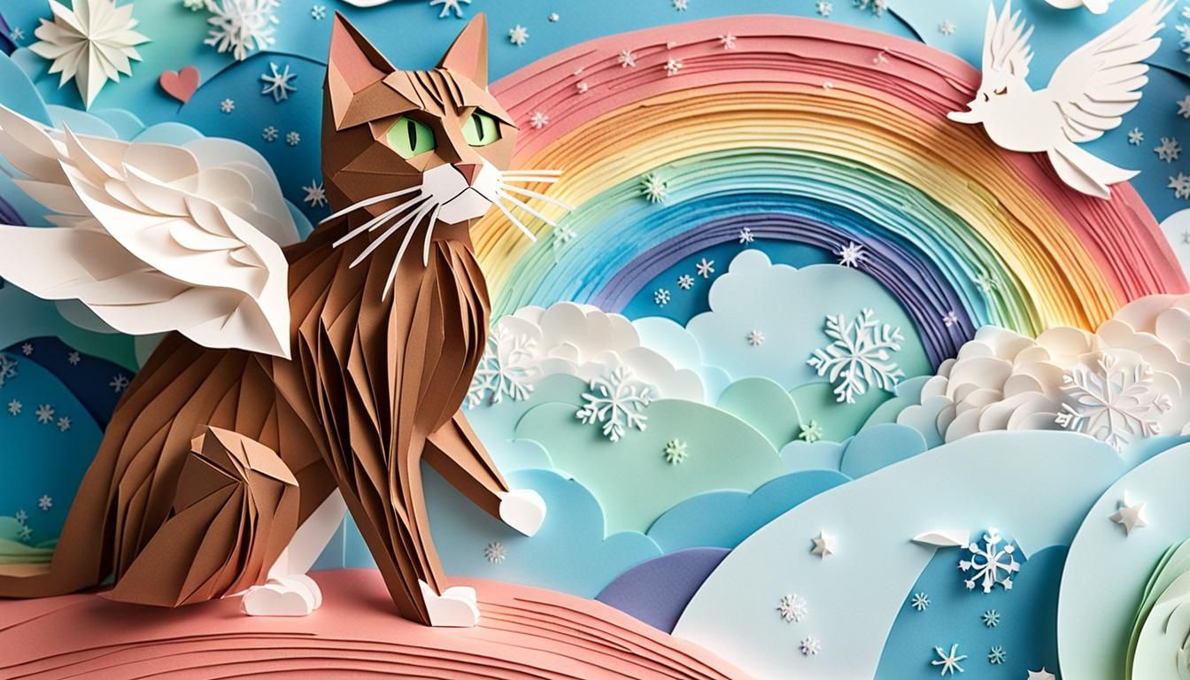 Tabby Cat on Rainbow Bridge in Paper Art
